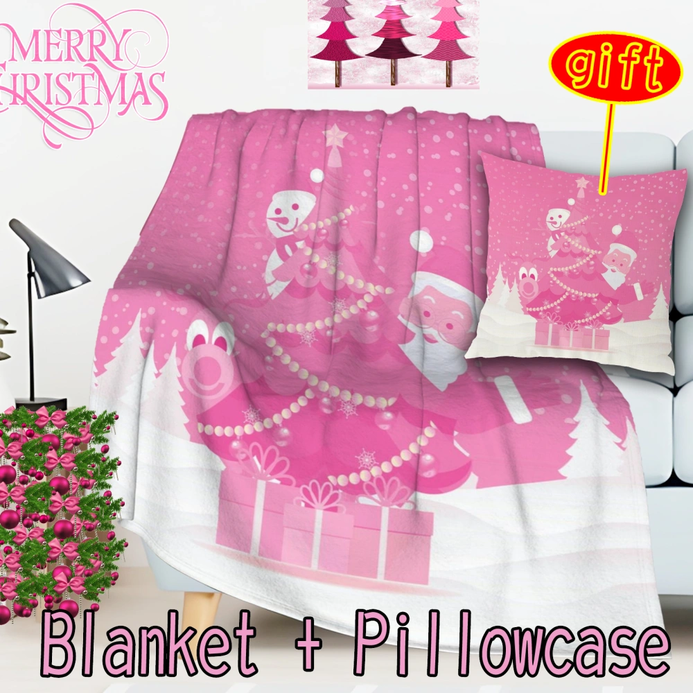 2Pcs Pink Christmas Santa Snowman Soft Cozy Fluffy Throw Blanket Lightweight Fleece Checkered Blanket for Sofa Couch Bed Travel(Pink-85,32x48'')