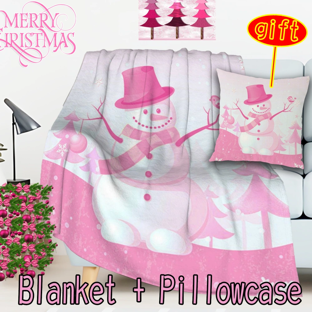 2Pcs Pink Christmas Santa Snowman Soft Blanket Winter Warm Lightweight Thermal Fleece Blankets for Couch Bed Sofa(Pink-90,32x48'')