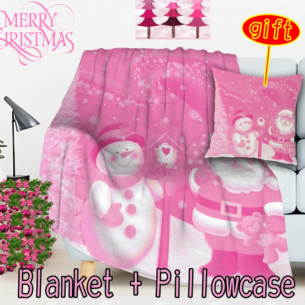 2Pcs Pink Christmas Santa Snowman Luxury Flannel Home Furnishing Throw Blanket for Couch Sofa Bedroom Spring Summer Indoor Outdoor(Pink-96,32x48'')