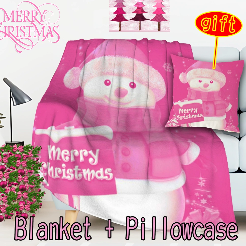 2Pcs Pink Christmas Santa Snowman Luxury Blanket Thick Warm Elegant Cozy Fuzzy Throw Blankets for Couch, Bed, Sofa Fluffy Blankets Decorative Throw Blanket(Pink-98,32x48'')