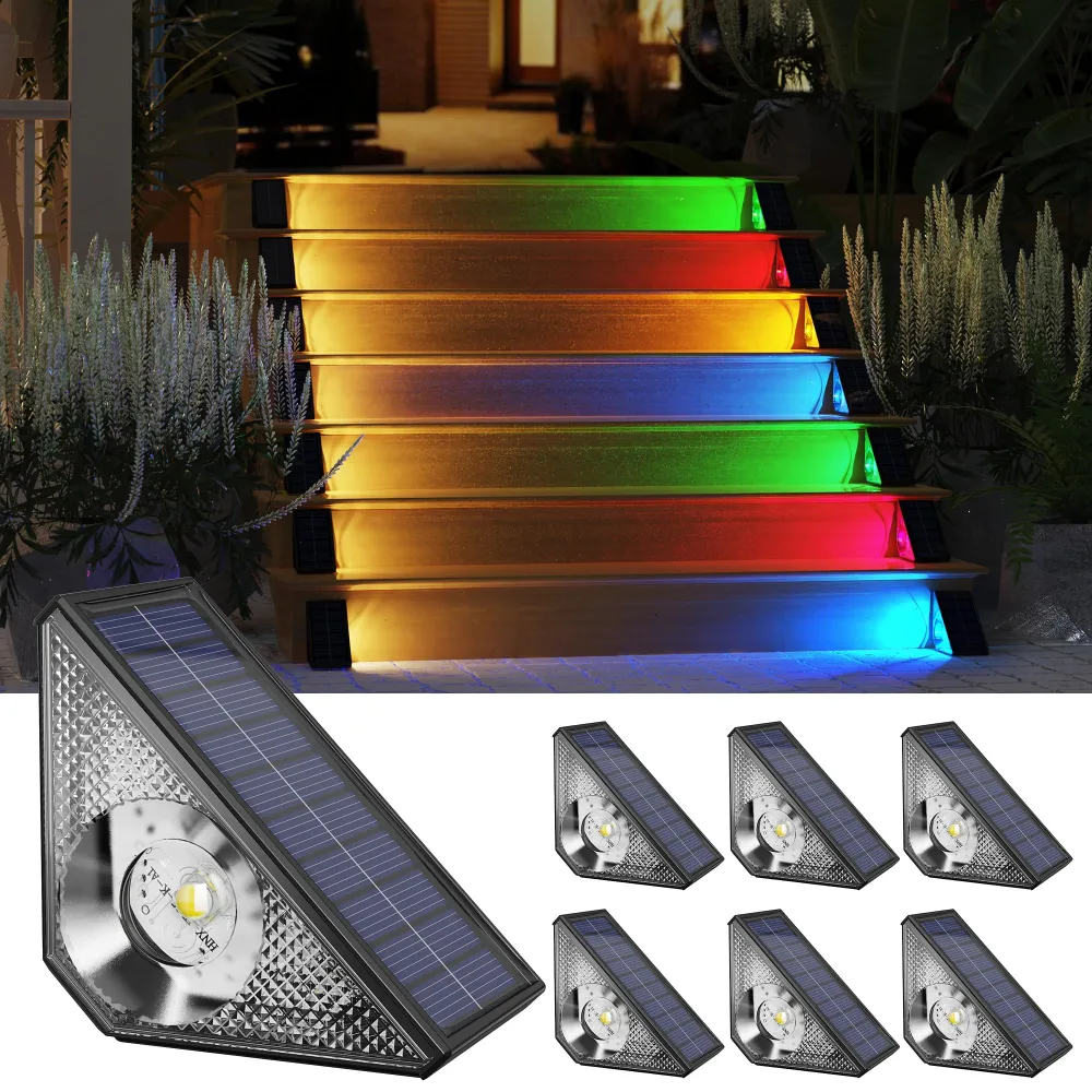 Solar Step Lights Outdoor Waterproof, Warm White & 7 RGB Colors, IP65 LED Solar Powered Lights Decor for Stairs in Garden, Deck, Front Porch, Patio and Backyard (6 Pack)