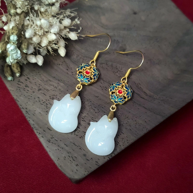 Chinese Style Fox Chalcedony With Ancient Costume Cheongsam Trendy Earrings