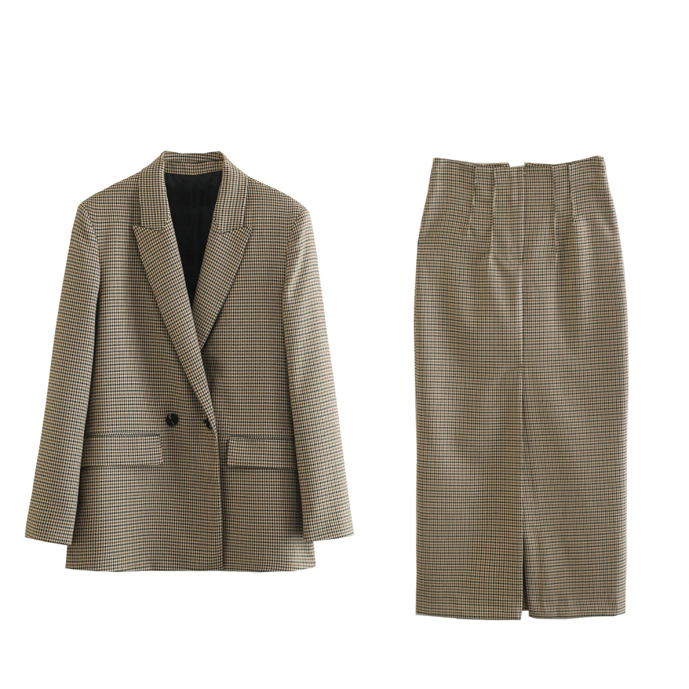 Checkered Double Breasted Suit High Waisted Straight Skirt Set