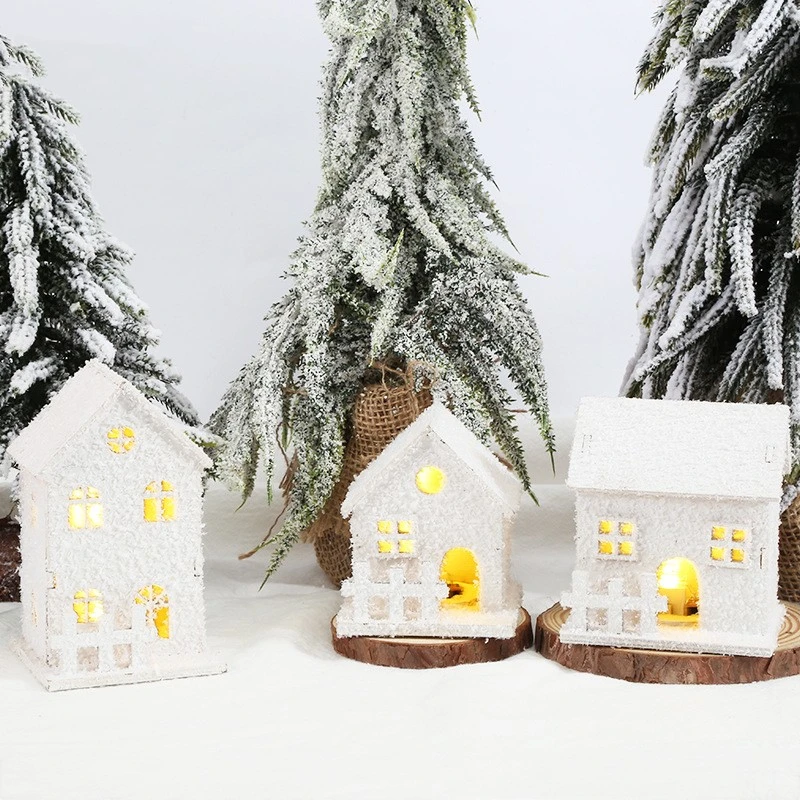 Christmas Wooden Craftwork Snowflake Small House Lighting Ornaments