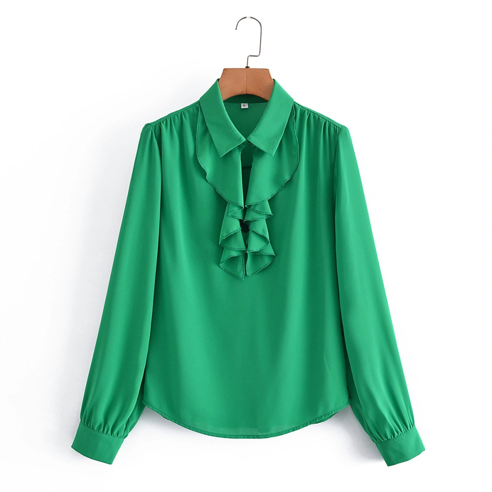 Women's Green Ruffled Lapel Long Sleeve Shirt