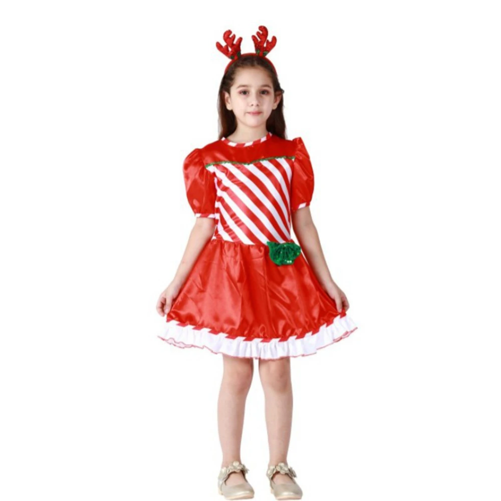 Girls’ Christmas Short Puff Sleeve Striped Short Dress + Plush Headband