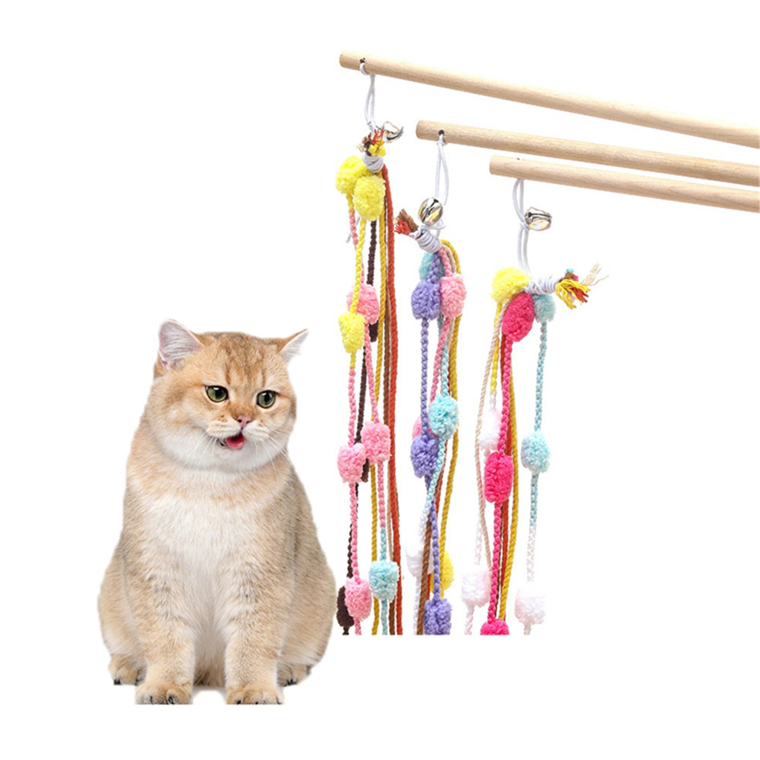 Cat Wand Teaser Toys Cat Colorful Roper Bell Toy, Interactive Cat Toys