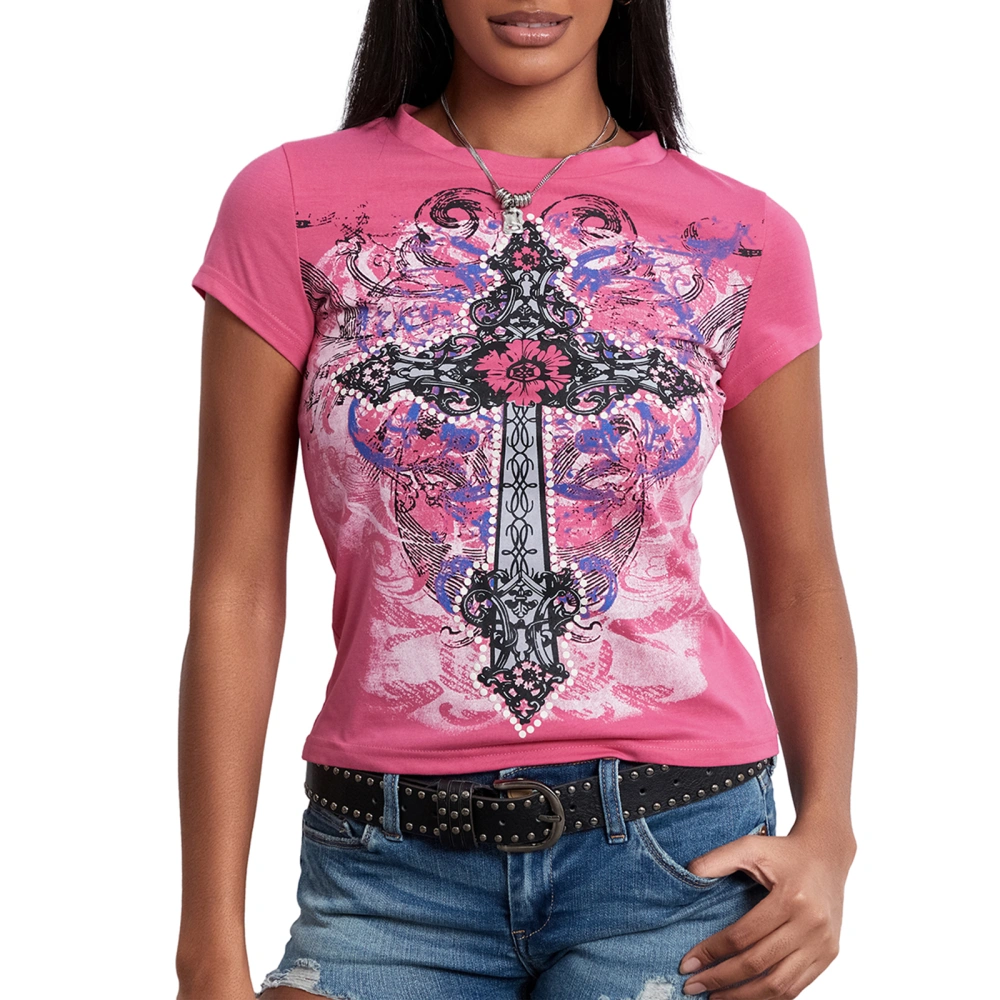 Women Short Sleeve T-Shirts Fashion Cross Print Crew Neck Shirts