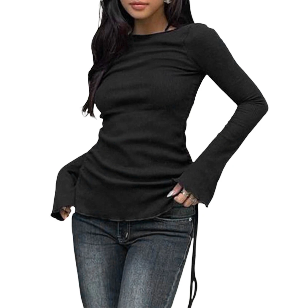 Women's Autumn Slim Knit Tops Solid Long Sleeve Drawstring Knitwear