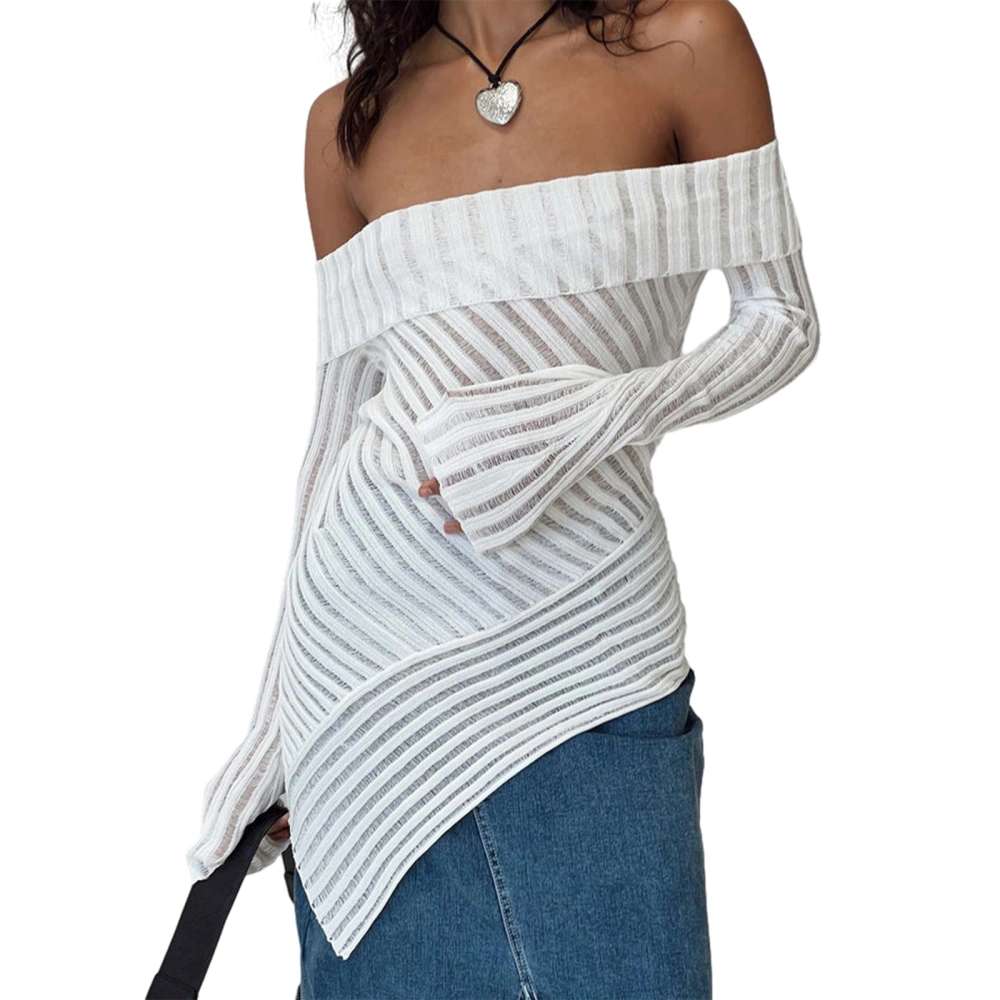 Women Hollow-Out Sheer Knit Sweater Solid Color Boat Neck Pullovers