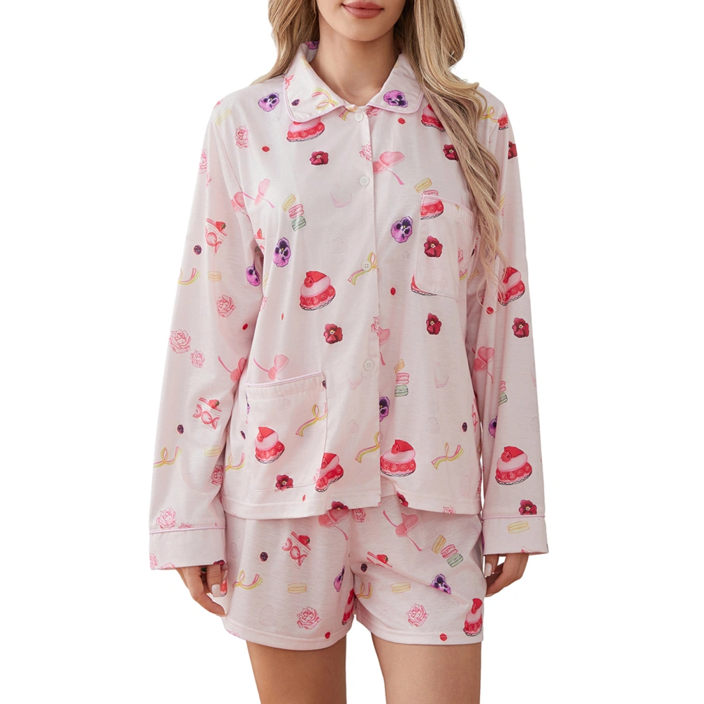 Women 2 Piece Pajama Set Dessert Print Button Shirt and Elastic Shorts