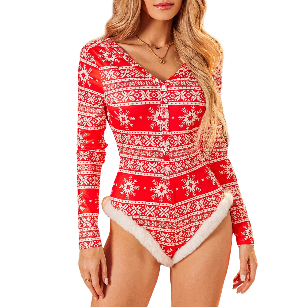 Women's Christmas Slim Bodysuit Snowflake Long Sleeve V-Neck Romper