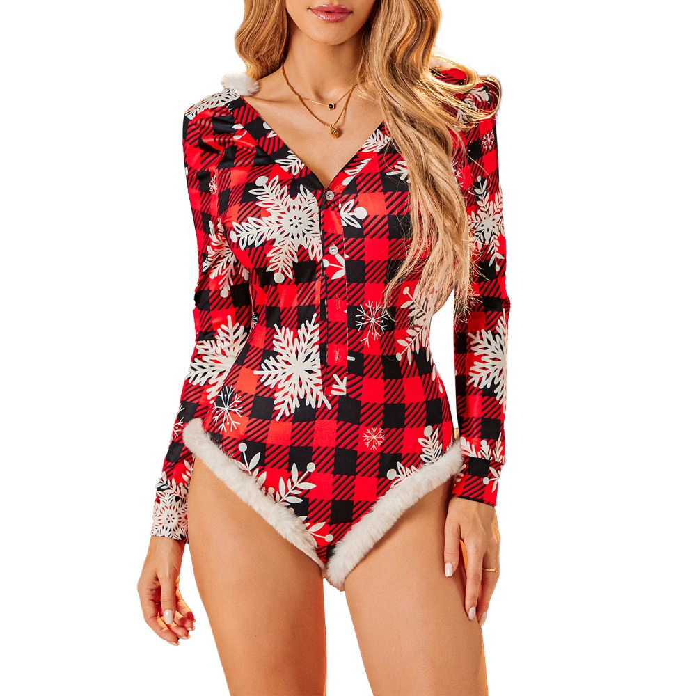 Women's Christmas Romper Snowflake Print Long Sleeve Jumpsuit Shorts