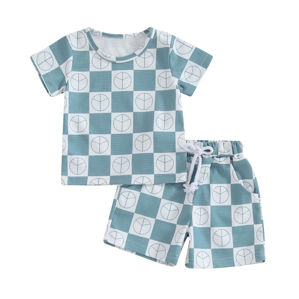 Boys Short Sleeve Checkerboard Print Tops and Drawstring Shorts Sets