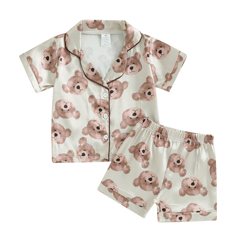 Girls Pajamas Bear Print Turn-Down Collar Short Sleeve Shirts Shorts