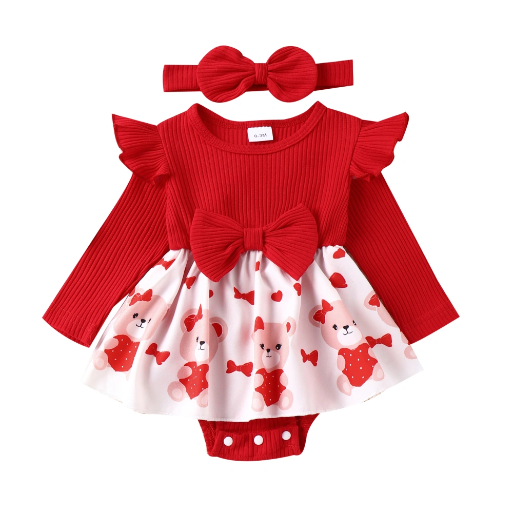 Baby Girl Valentine's Day Outfits Bear Print Romper Dress + Headband