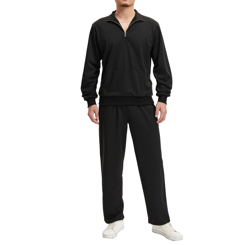 Men's Spring Outfits, Solid Color 1/4 Zipper Pullover Drawstring Pants