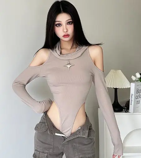 Women’s Cold Shoulder Bodysuit Long Sleeve Hooded Leotard Tops