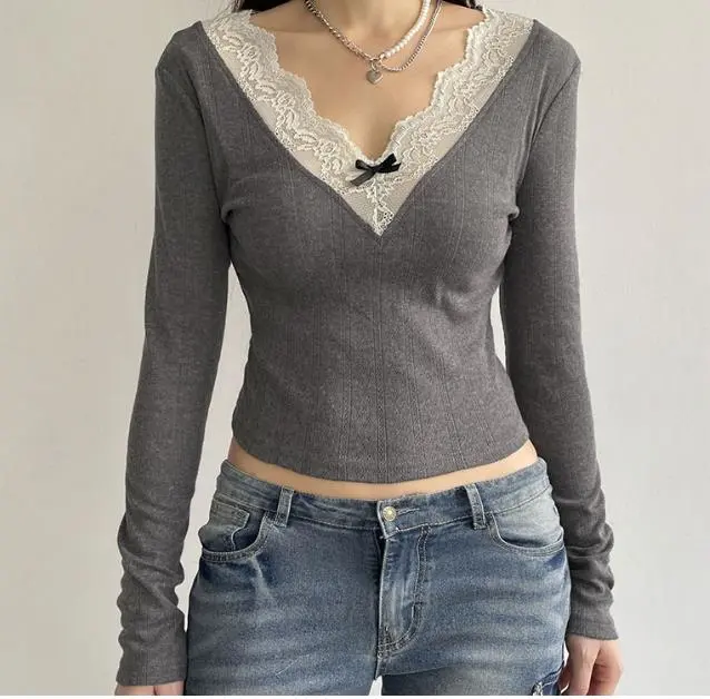 Women's Fall Knit Tops Lace Patchwork V-Neck Long Sleeve Knitwear