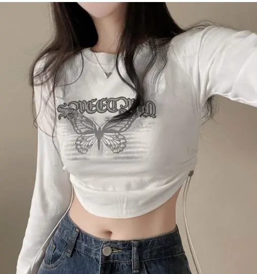 Women T-shirt, Long Sleeve Butterfly Letters Print Ladies Crop Top