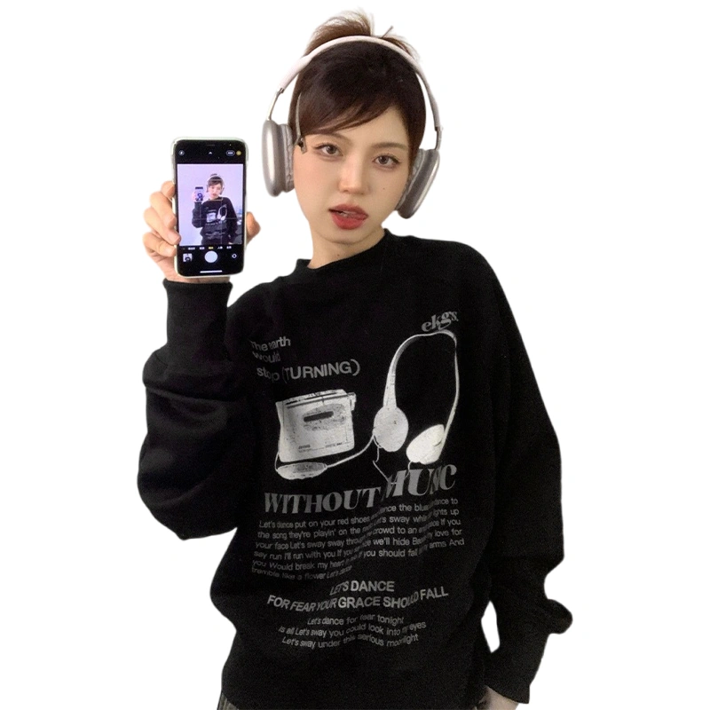 Women’s Headphone Print Sweatshirts Long Sleeve Round Neck Pullovers