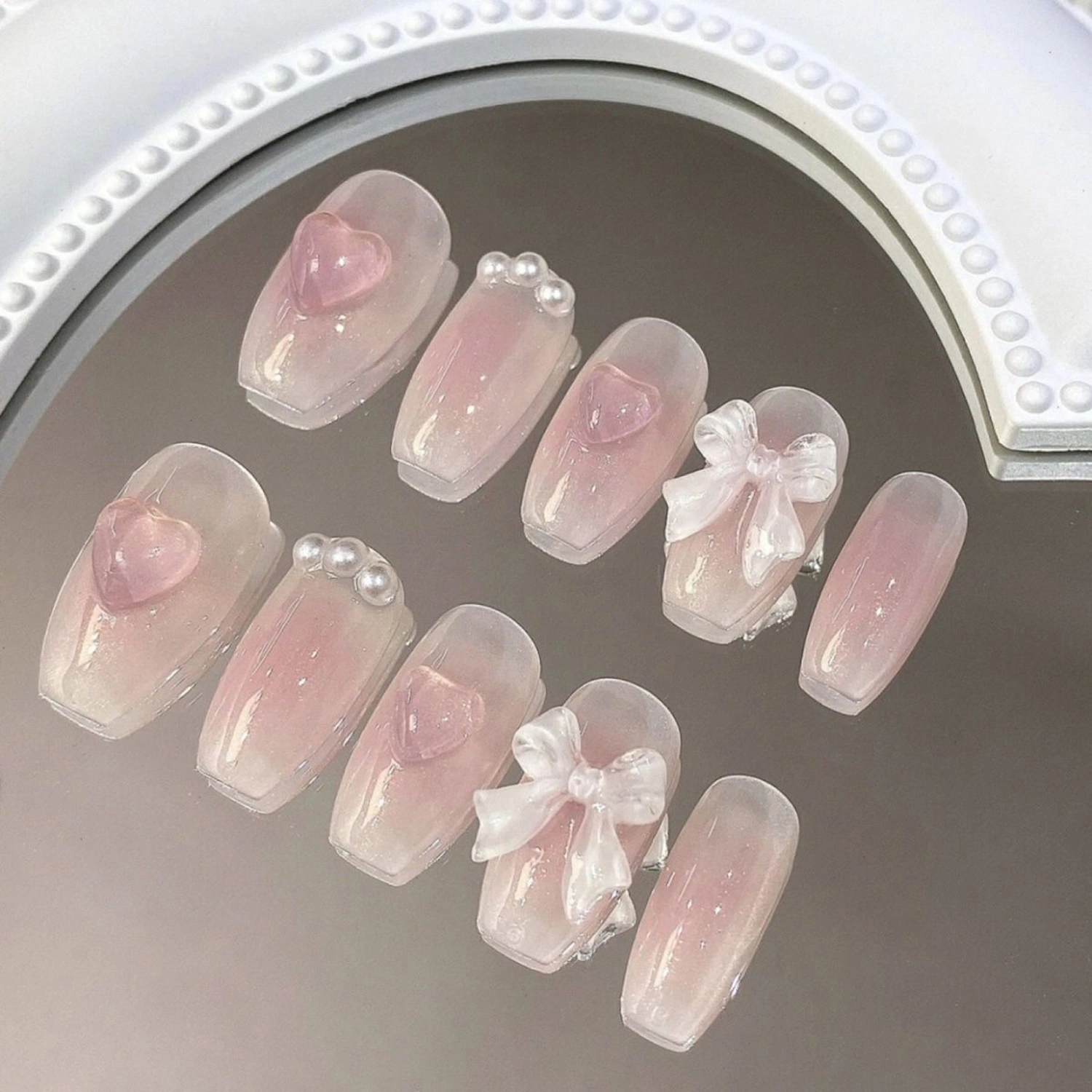 Medium Coffin Press on Nails 10Pcs 3D Pearl Bow Fake Square Nails
