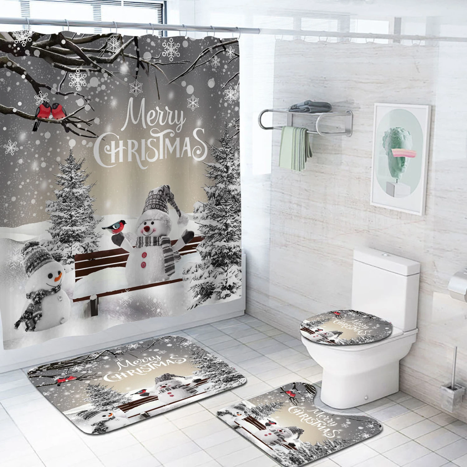 Christmas Toilet Set Snowman Floor Mat Shower Curtain Toilet Cover Pad
