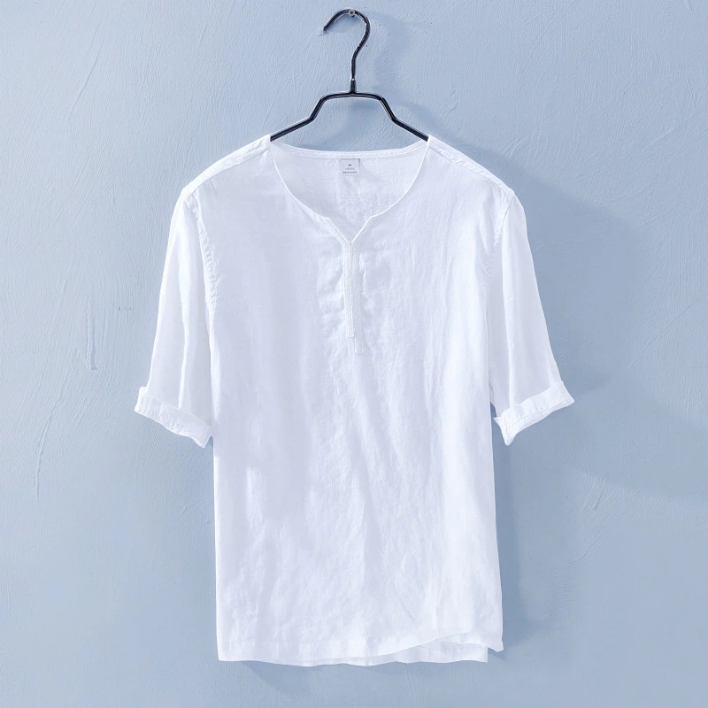 V-neck Loose Half Sleeve Linen T-shirt