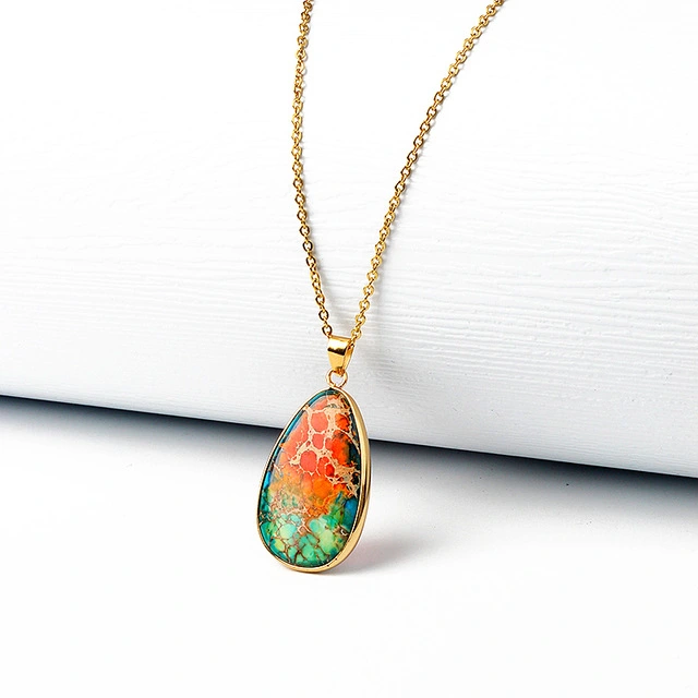 Oval Natural Emperor Stone Edging Pendant Stainless Steel 18K Gold Necklace