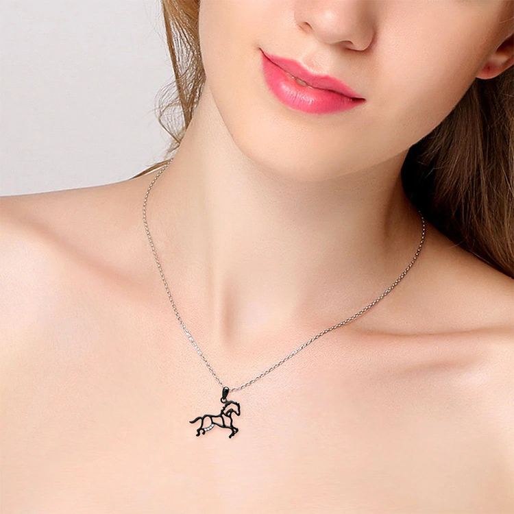 S925 Sterling Silver Necklace Black Micro Inlaid Zircon Horse Simple