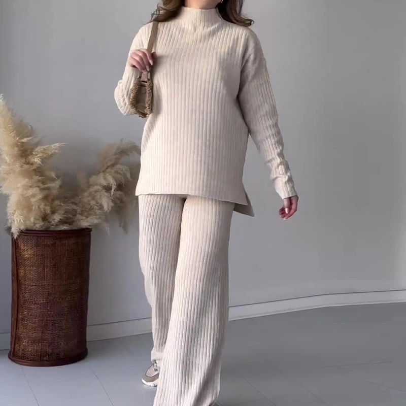 Crew Neck Casual Knitwear Wide Leg Pants Two-piece Set
