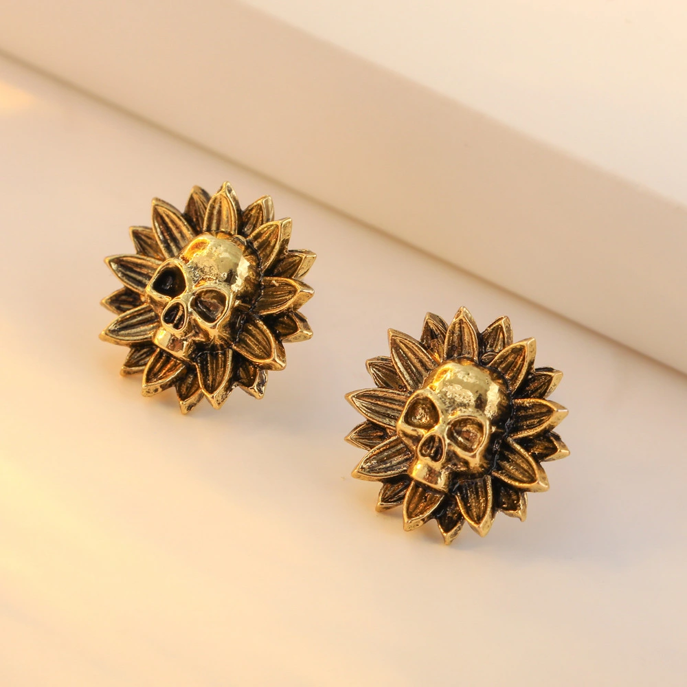 Fashion Personalized Hip Hop Retro Dark Skull Flower Stud Earrings