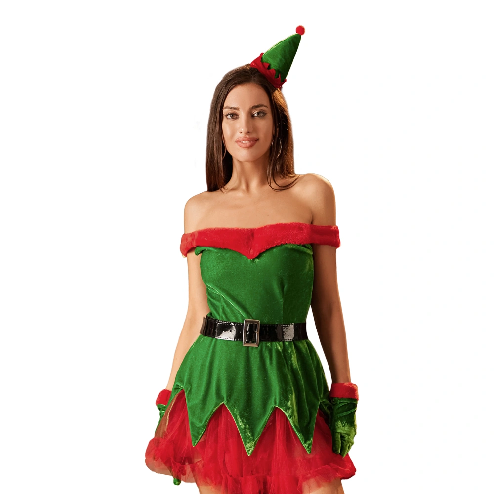 Women's Christmas Off Shoulder Dress with Santa Hat & Gloves