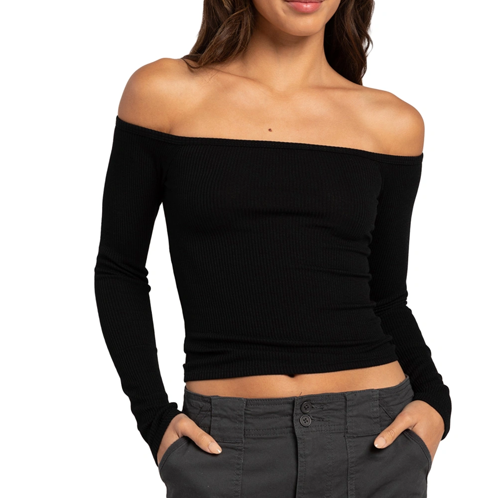 Women’s Ribbed Crop Tops Off Shoulder Long Sleeve Slim Fit T-Shirts