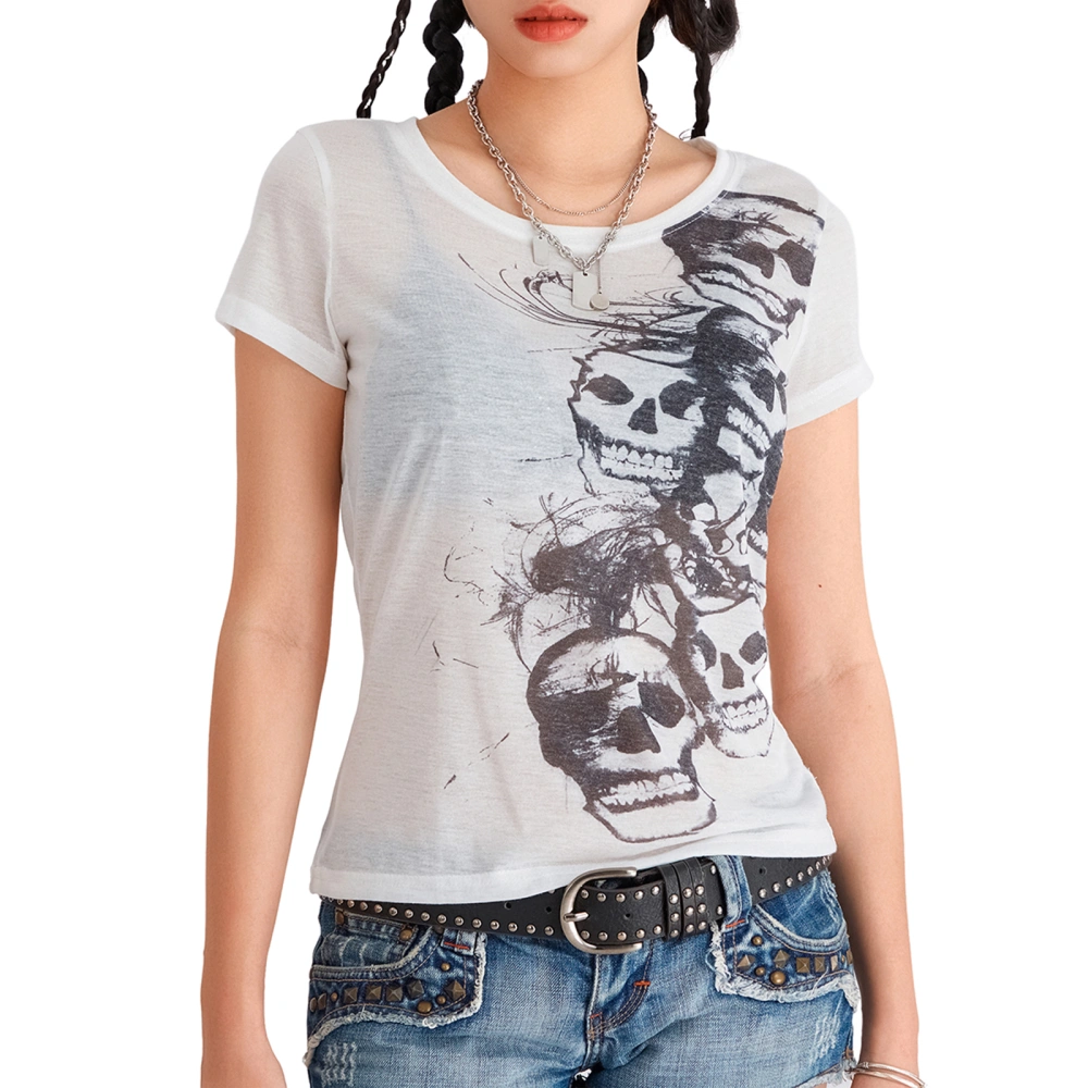 Women's Summer Tops Vintage Short Sleeve V Neck Skull Print T-Shirts