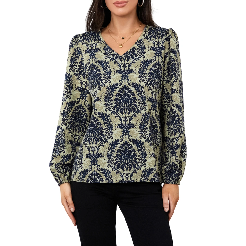 Women T-shirt, Ethnic Style Long Sleeve V Neck Plant Print Fall Tops