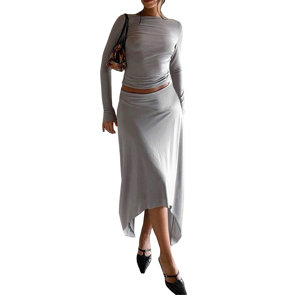 Women's Long Sleeve Slim Tops Solid Color Asymmetric Hem Skirt Set