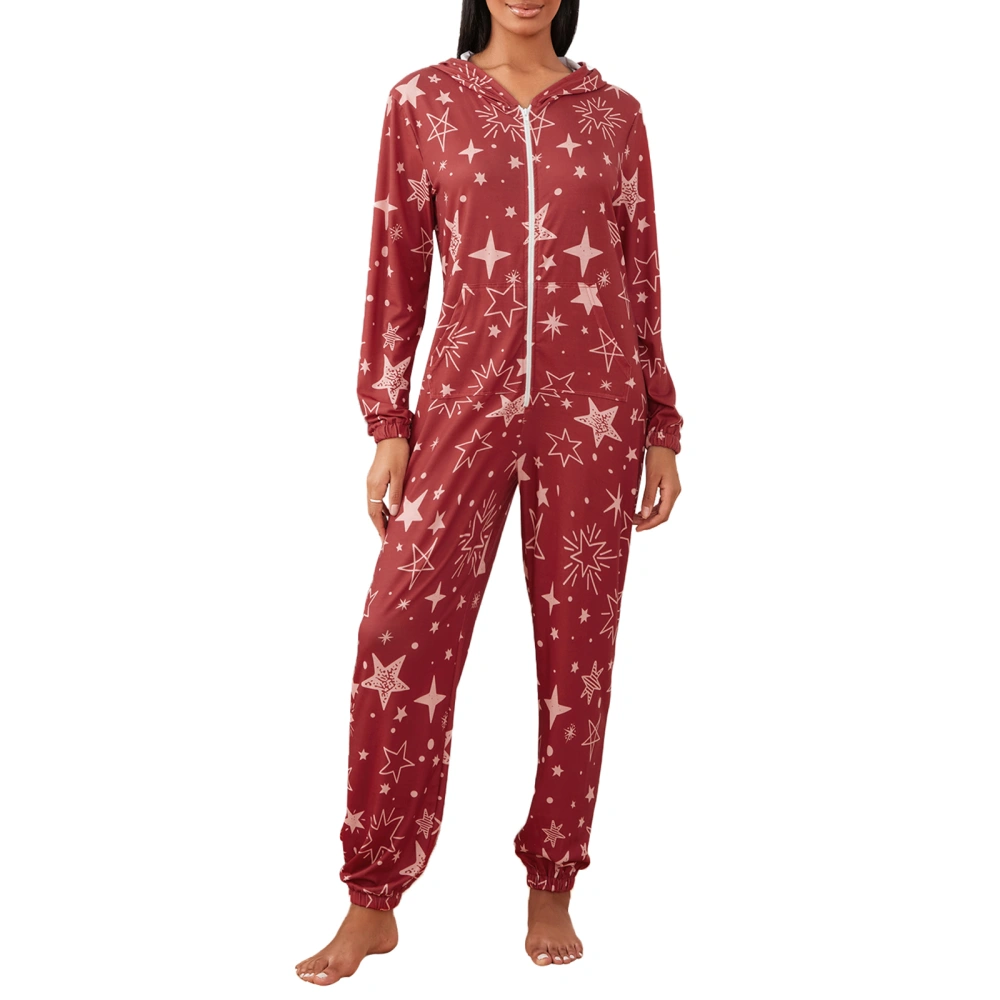 Women's Christmas Pajamas Hood Jumpsuit Long Sleeved Zip-up Rompers