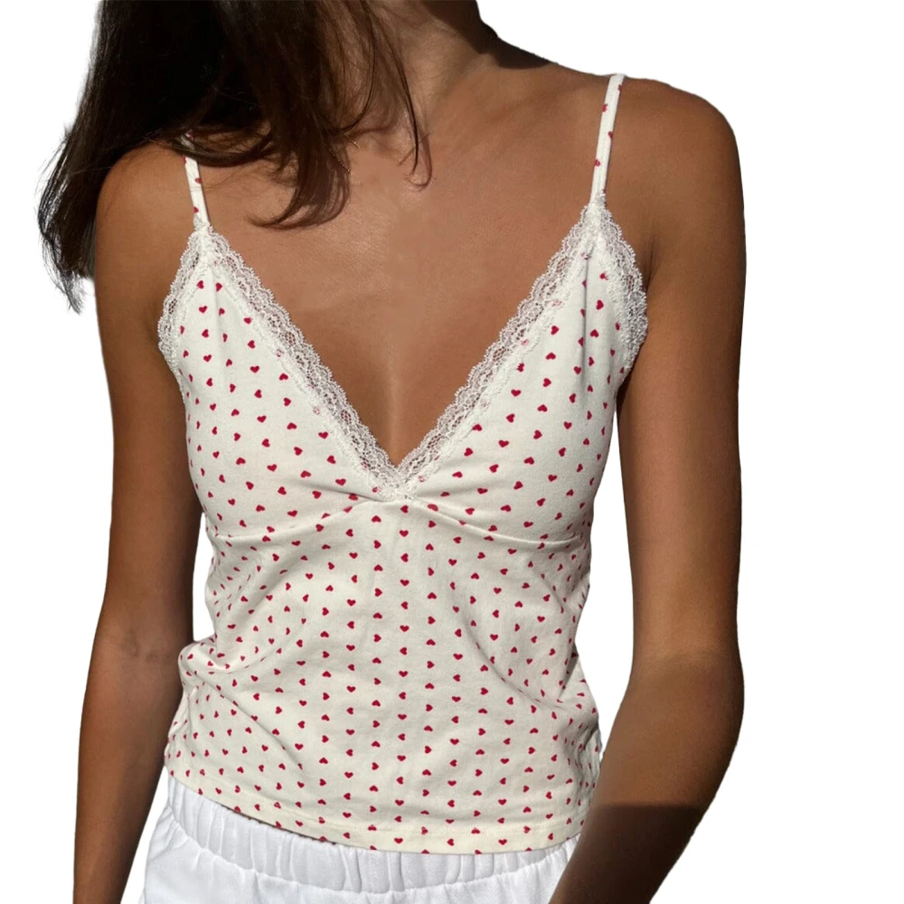 Women Camisole, Sleeveless V-neck Heart Print Lace Trim Summer Vest