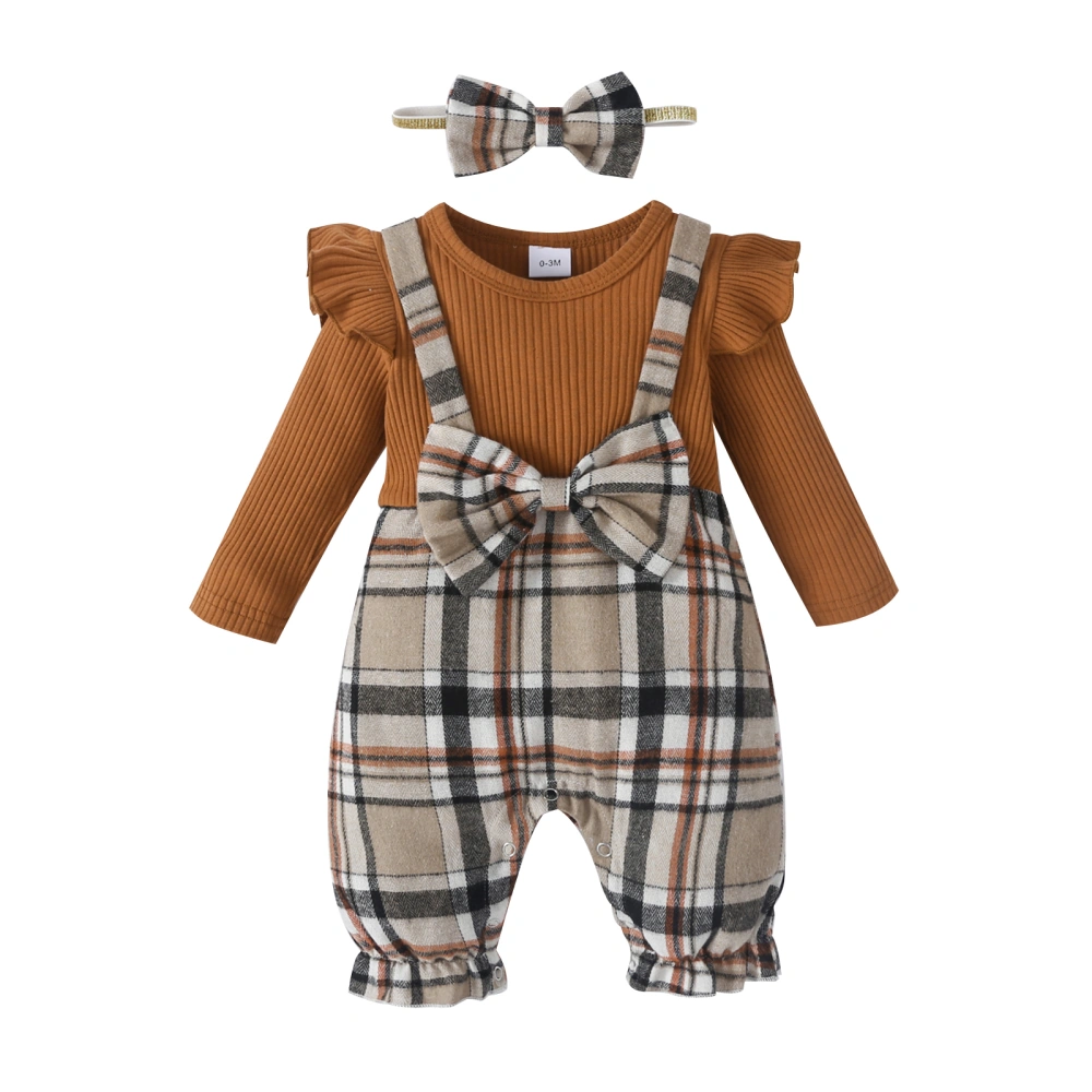 Baby Girl Fall Outfit Long Sleeve Plaid Suspender Romper with Headband