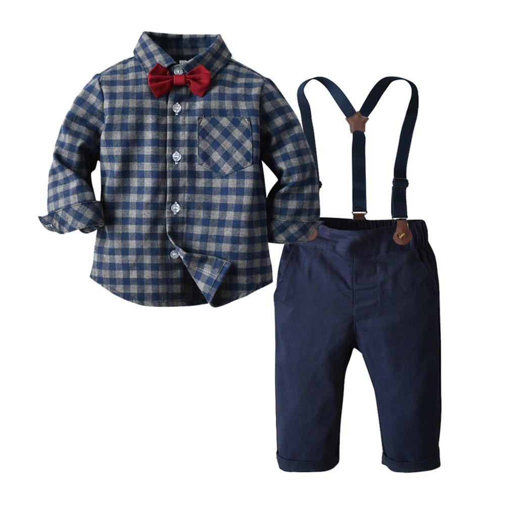 Boys Long Sleeve Lapel Button Up Plaid Shirt Blue Suspender Pants Sets