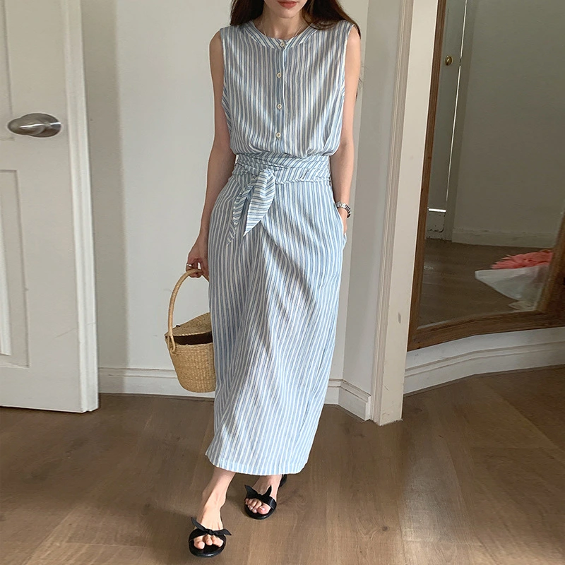 Korean Chic Summer French Minority Round Neck Contrast Color Striped Lace-up Cinched Sleeveless Vest Dress