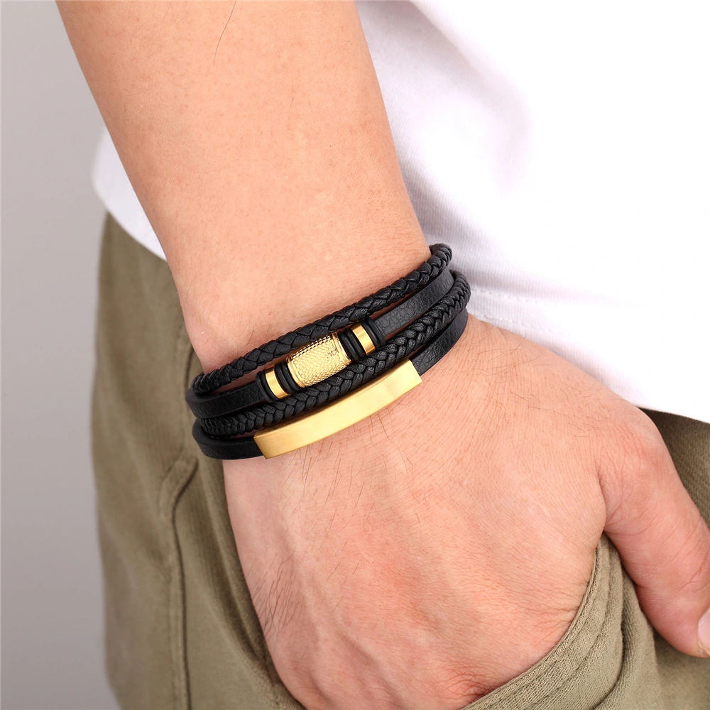 Stainless Steel Beads Men's Multilayer Leather Bracelet