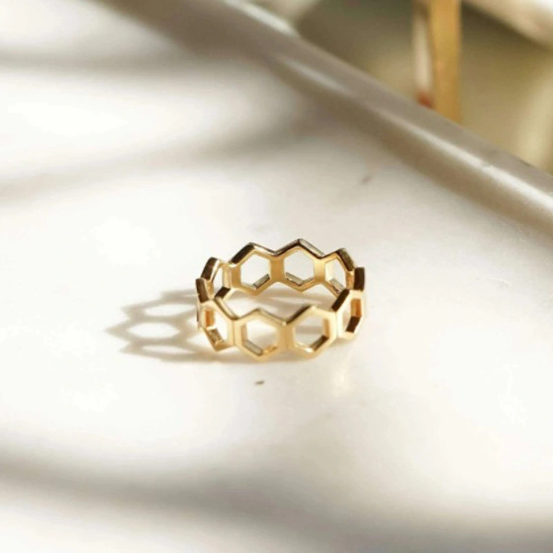 Hollow Honeycomb Ring Titanium Steel Plated 18K Gold