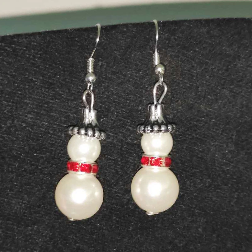 Christmas Retro Snowman Pearl Red Diamond Crystal Earrings