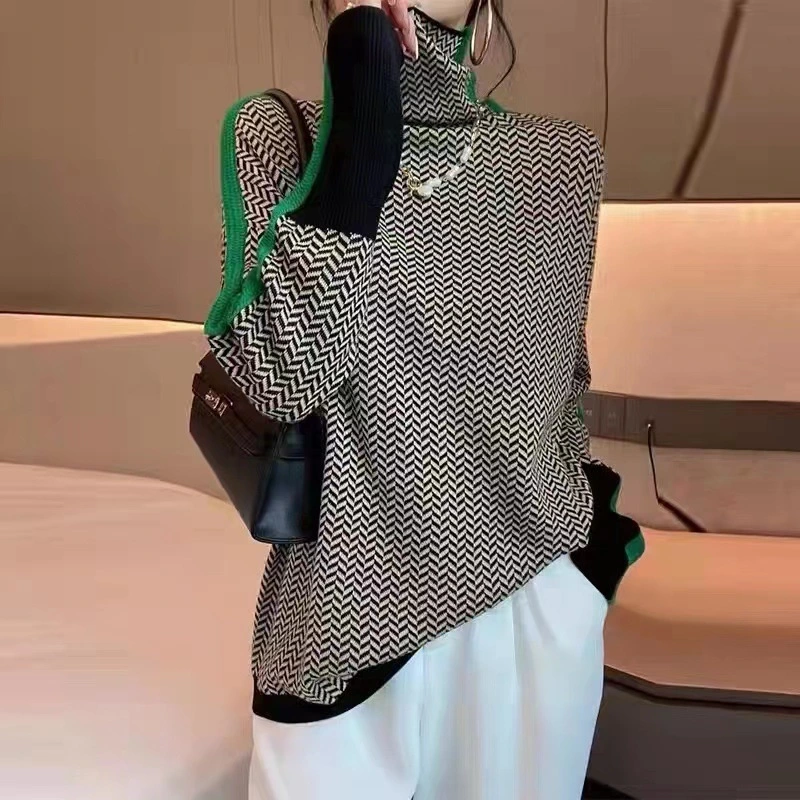 Lazy Loose Contrast Sleeves Fully Imitated Wool High Neck Sweater For Women