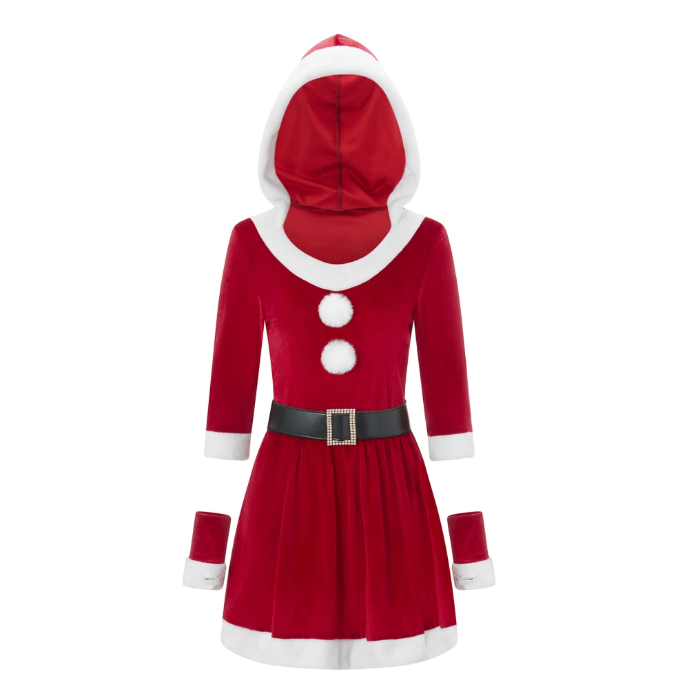 Christmas Mrs. Claus Costume Outfit for Women, Long Sleeve Hood Dress 