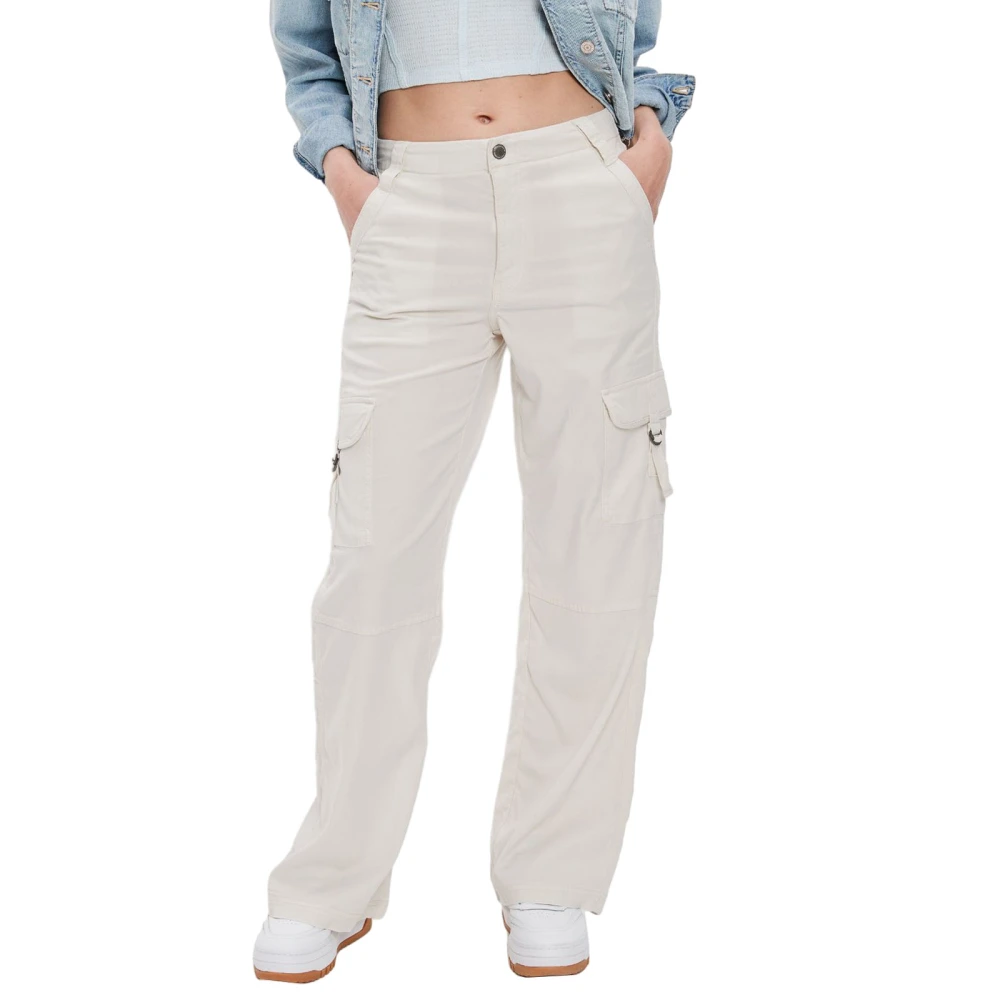 Women Wide Leg Cargo Pants Mid Waist Flap Pocket Solid Color Trousers