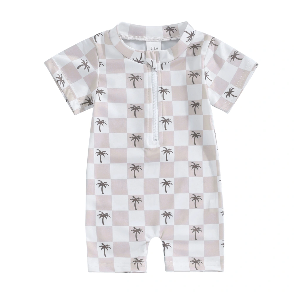 Baby Boys Rash Guard, Short Sleeve Coconut Tree Print Plaid Jumpsuit