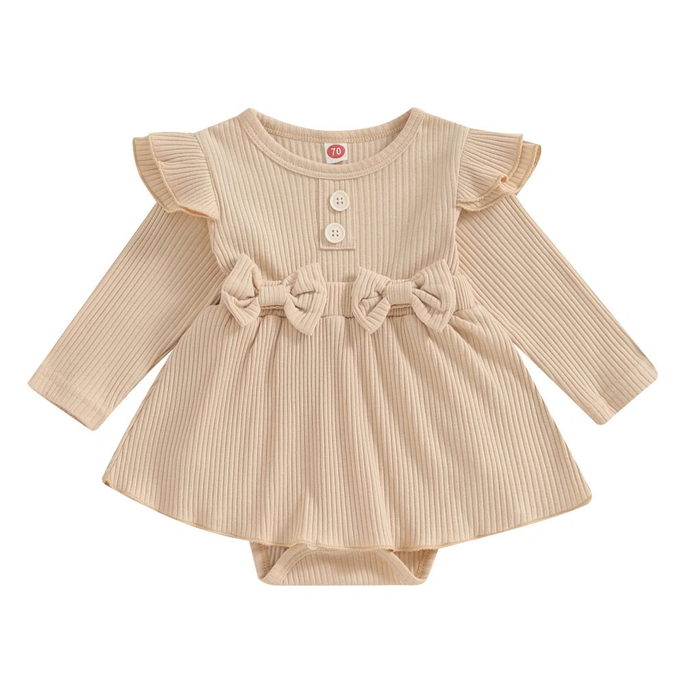 Baby Girls Long Sleeve Ruffle Solid Color Ribbed Romper Dress